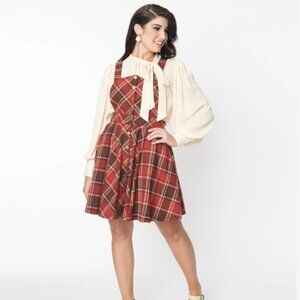 Unique Vintage Red & Brown Plaid Snap Front Pinafore